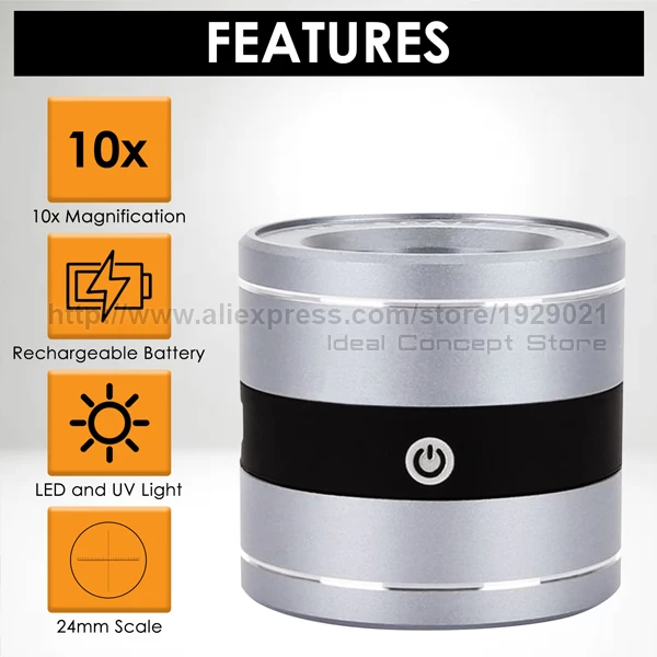 10X Magnifying Optical Jeweler Loupe Full Metal 5 LED/5 UV Light User-friendly Rechargeable Loupe