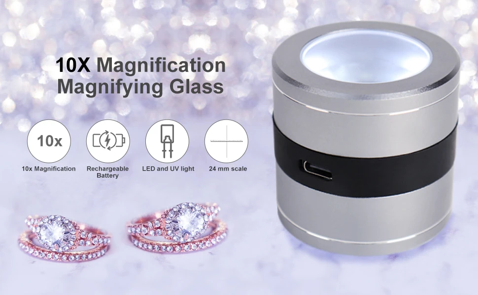 10X Magnifying Optical Jeweler Loupe Full Metal 5 LED/5 UV Light User-friendly Rechargeable Loupe