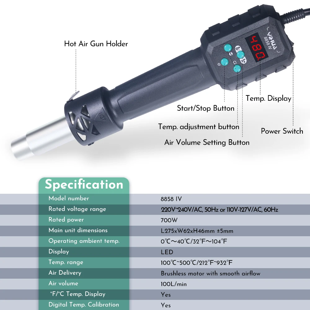YIHUA Hot Air Gun Temperature Adjustable 8858-IV 700W Soldering Rework Welding Station LCD Digital Heat Gun BGA IC Solder Tools