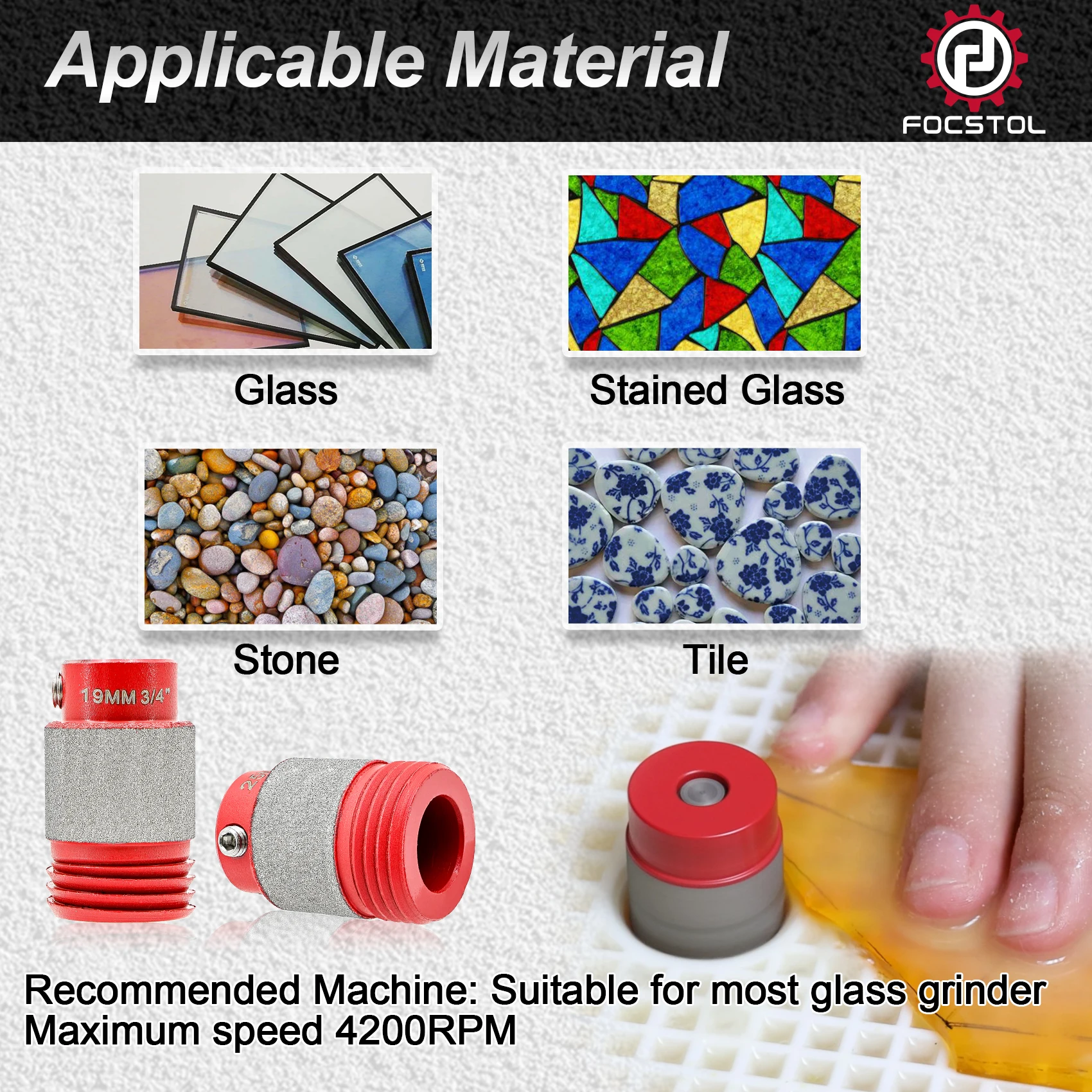FOCSTOL Stained Glass Grinder Bit Head Tools 1 3/4 1/4 1/8 Inch Grinder Bits Head Tools Set Glass Drill Bits