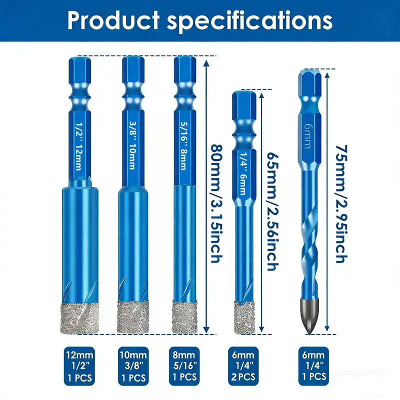 6pcs Dry Diamond Drill Bit Set for Granite Porcelain Tile Ceramic Marble Pot Hex Shank Tile Drill Bits 1/4'' 5/16" 3/8" 1/2"