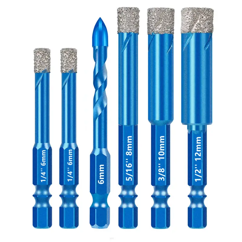 6pcs Dry Diamond Drill Bit Set for Granite Porcelain Tile Ceramic Marble Pot Hex Shank Tile Drill Bits 1/4'' 5/16" 3/8" 1/2"