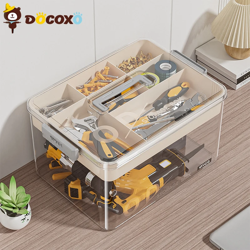 Tool Storage Box, Large Capacity Organizer Case with Removable Dividers, Portable Heavy Duty Plastic Toolbox for Hardware, Works