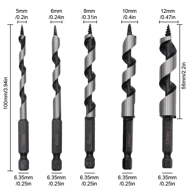 5pc 100mm Carpenter Auger Bits 5-12mm Hexagonal Handle Twist Drill Hand Spiral Reamer Power Tool Accessories Set