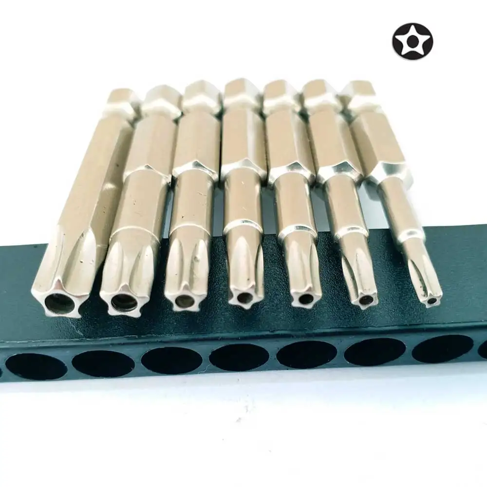 7 Pcs 5 Point Torx Screwdriver Bits 50mm S2 Magnetic Star Screw Driver 1/4" Hex Shank T10 T15 T20 T25 T27 T30 T40