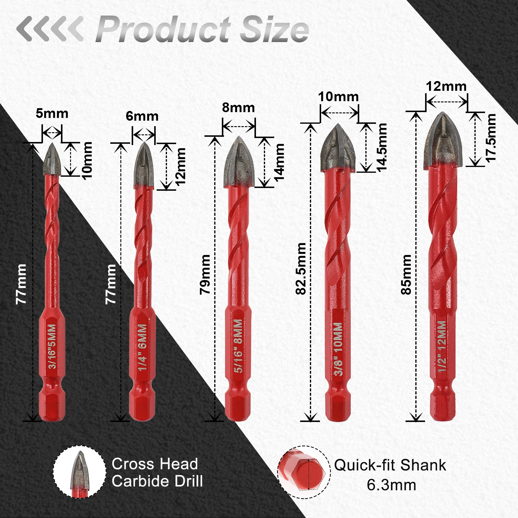 FOCSTOL Carbide Core Bit 6mm 10PCS Drill Bit Set Quick-fit Shank Tipped Hole Saw Woodworking For Plastic Masonry Ceramic Tile