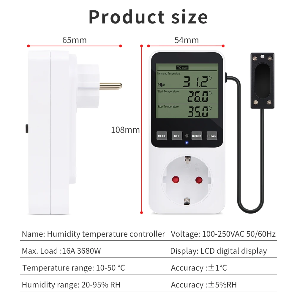 Humidity Temperature Controller Timer Socket Heating Cooling Thermostat Alarm With Temperature Sensor EU US UK FR Plug