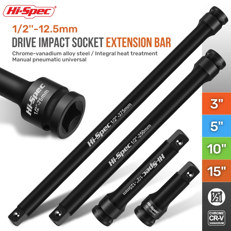 Hi-Spec Impact Socket Extension Bar Impact Socket Cr-V Steel With Lengths Of 3", 5", 10" 15"For Wrench Auto Repair