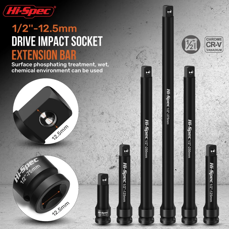 Hi-Spec Impact Socket Extension Bar Impact Socket Cr-V Steel With Lengths Of 3", 5", 10" 15"For Wrench Auto Repair