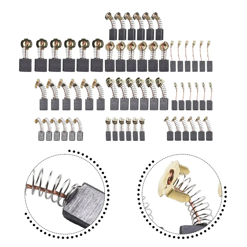 60-Piece Set of 10 Types of Motor Carbon Brush Replacement Kits for Power Tool Repair and Maintenance, Replacement Parts Suitable for Electric Drills, Angle Grinders, Hammer Motors, Impact Drills, and Circular Saws