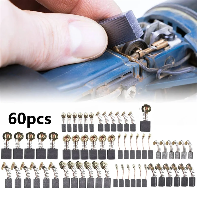 60-Piece Set of 10 Types of Motor Carbon Brush Replacement Kits for Power Tool Repair and Maintenance, Replacement Parts Suitable for Electric Drills, Angle Grinders, Hammer Motors, Impact Drills, and Circular Saws