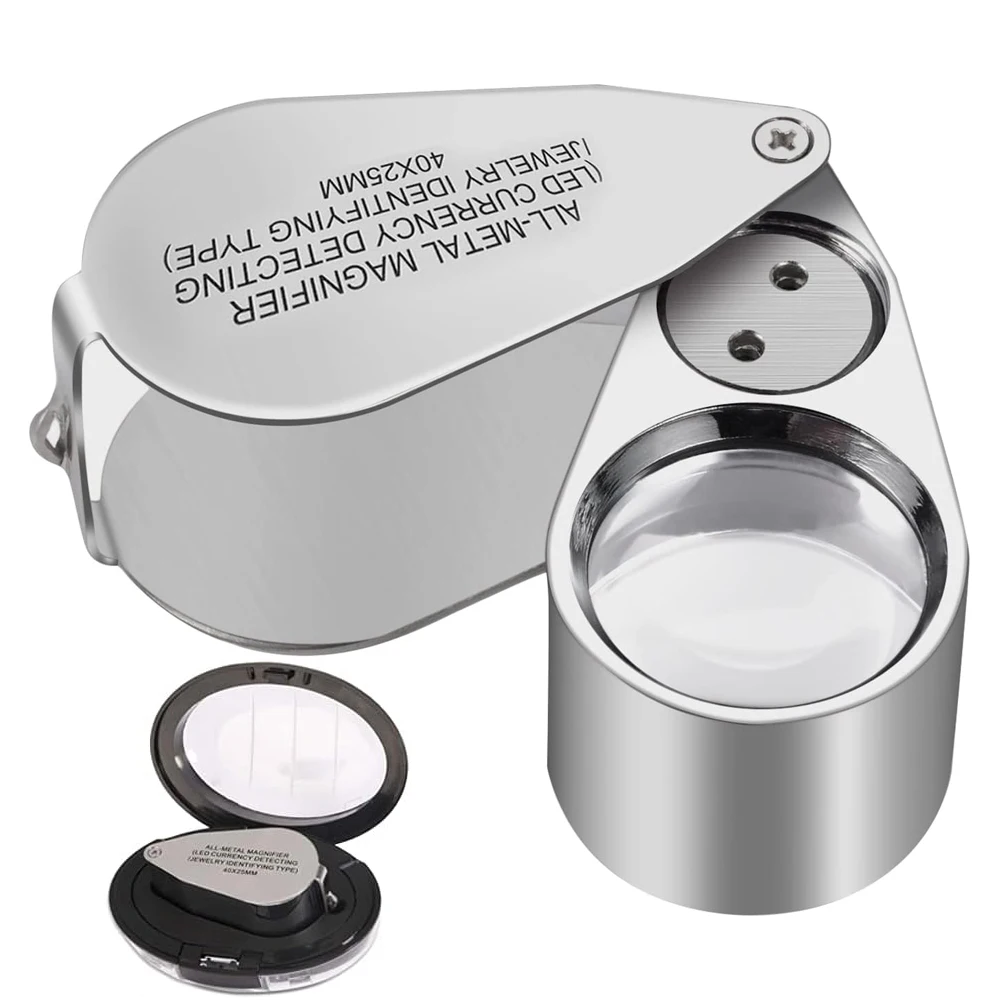 40X Pocket Loupe Magnifier Jewelry Magnifying Glass with Light LED/UV Illuminated Foldable Diamond Lupa Jewelers Eye Glass Tools