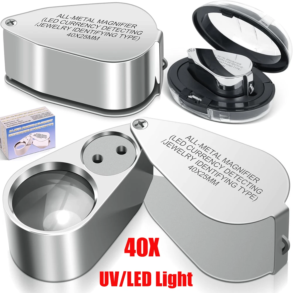 40X Pocket Loupe Magnifier Jewelry Magnifying Glass with Light LED/UV Illuminated Foldable Diamond Lupa Jewelers Eye Glass Tools