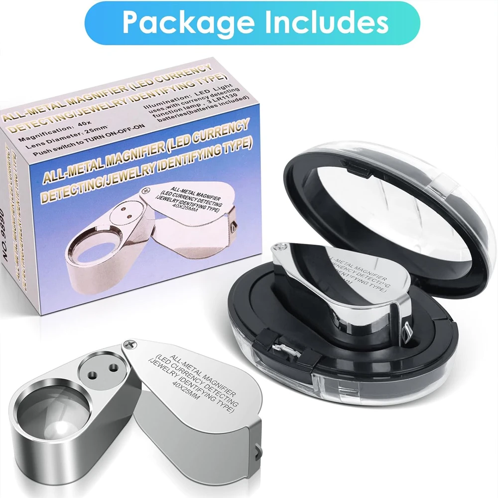 40X Pocket Loupe Magnifier Jewelry Magnifying Glass with Light LED/UV Illuminated Foldable Diamond Lupa Jewelers Eye Glass Tools