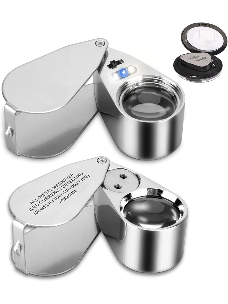 40X Pocket Loupe Magnifier Jewelry Magnifying Glass with Light LED/UV Illuminated Foldable Diamond Lupa Jewelers Eye Glass Tools