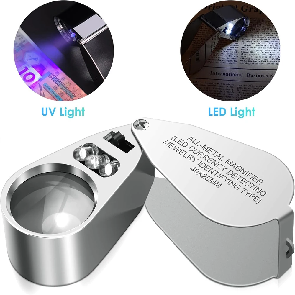 40X Pocket Loupe Magnifier Jewelry Magnifying Glass with Light LED/UV Illuminated Foldable Diamond Lupa Jewelers Eye Glass Tools