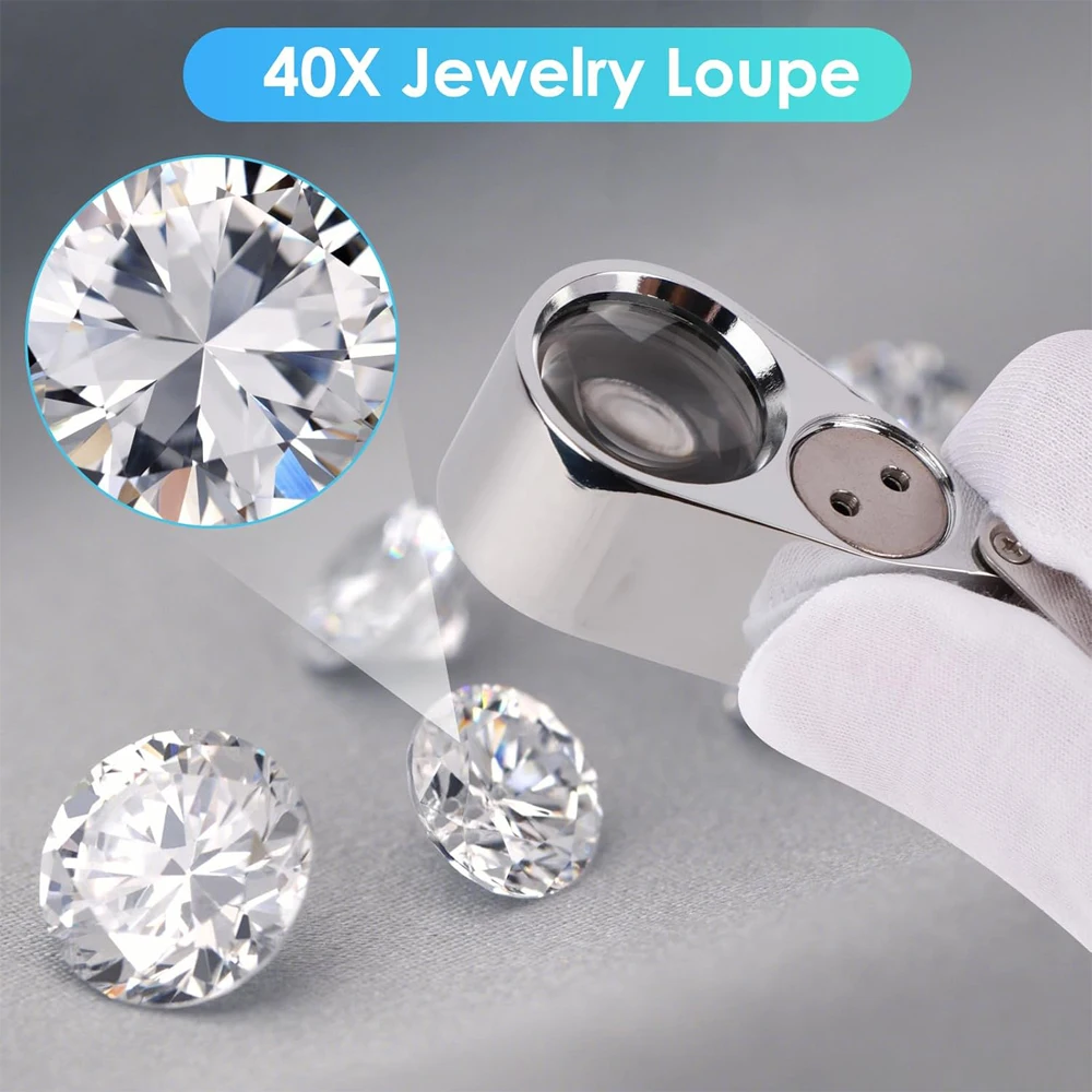 40X Pocket Loupe Magnifier Jewelry Magnifying Glass with Light LED/UV Illuminated Foldable Diamond Lupa Jewelers Eye Glass Tools