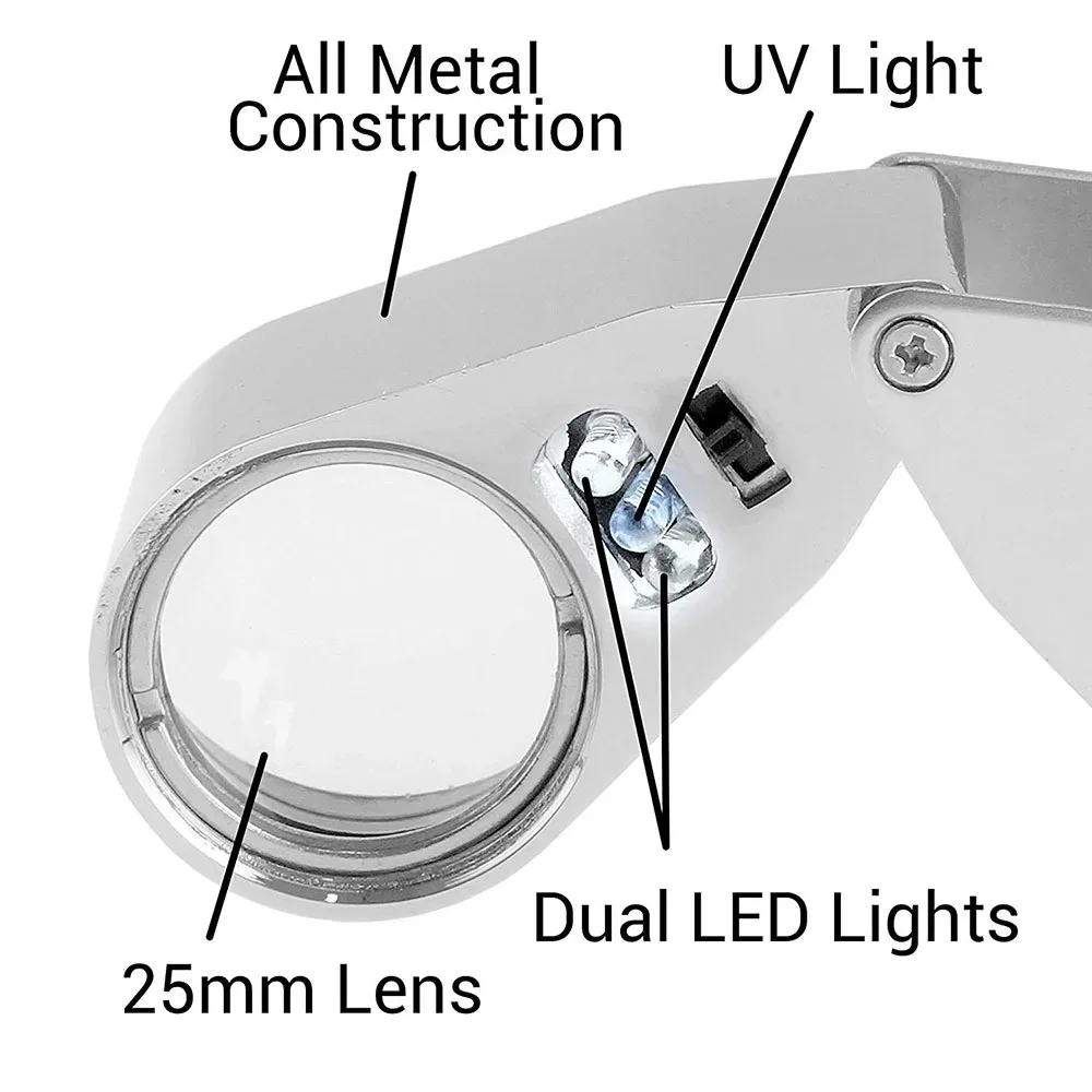 40X Illuminated LED UV Jewelry Loupe Magnifier with Metal Construction and Optical Glass