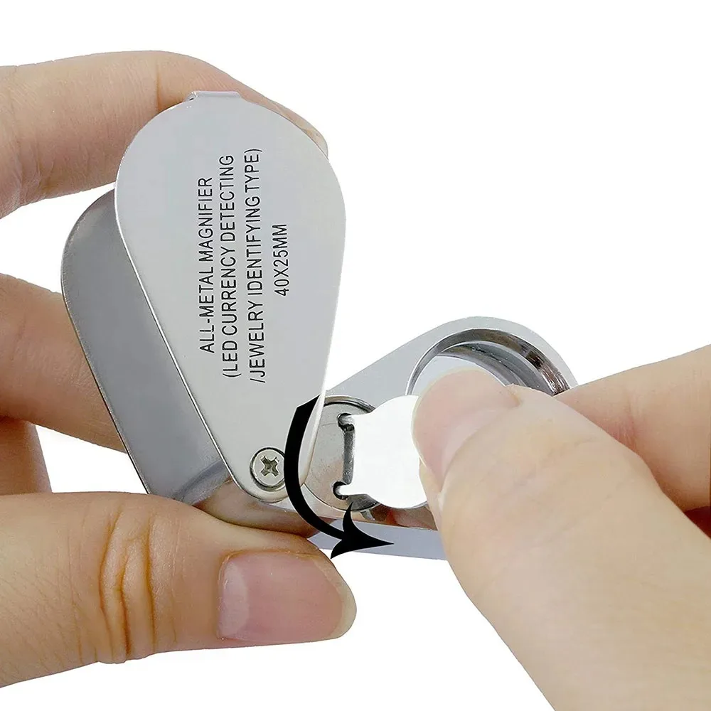 40X Illuminated LED UV Jewelry Loupe Magnifier with Metal Construction and Optical Glass