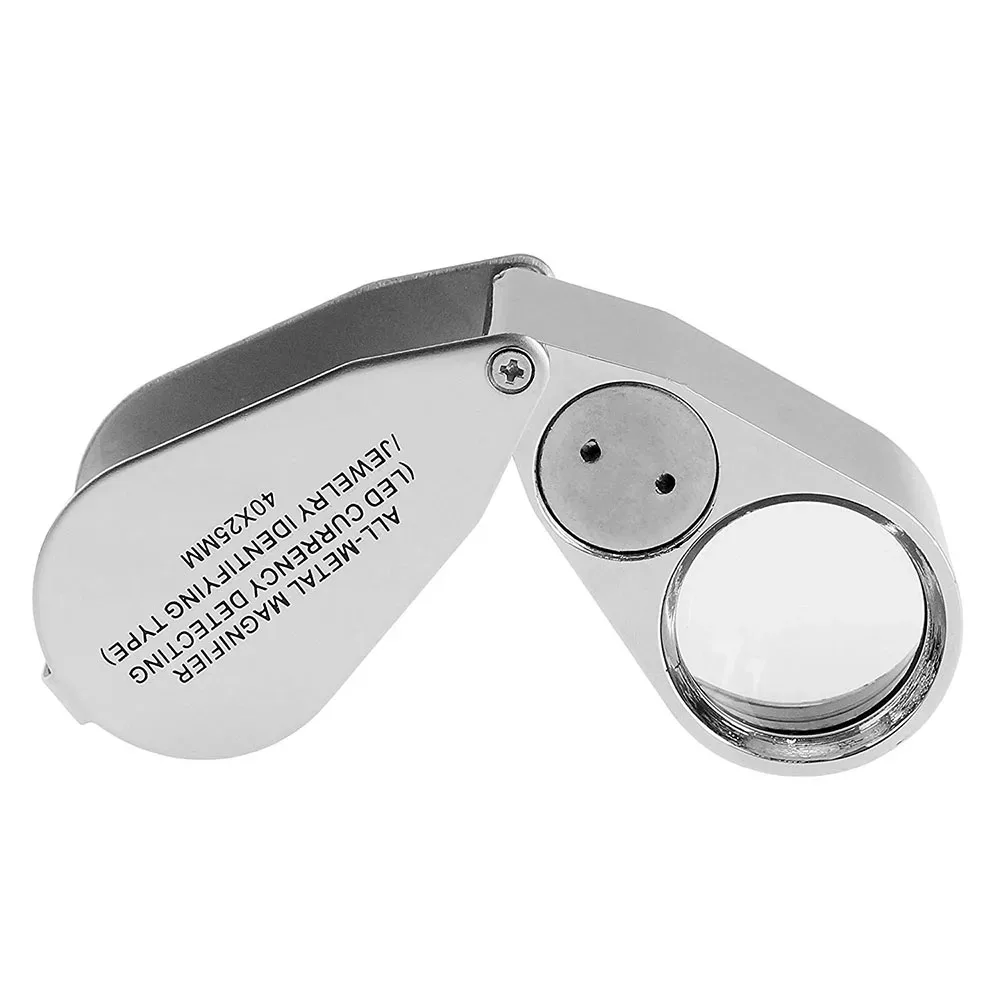 40X Illuminated LED UV Jewelry Loupe Magnifier with Metal Construction and Optical Glass
