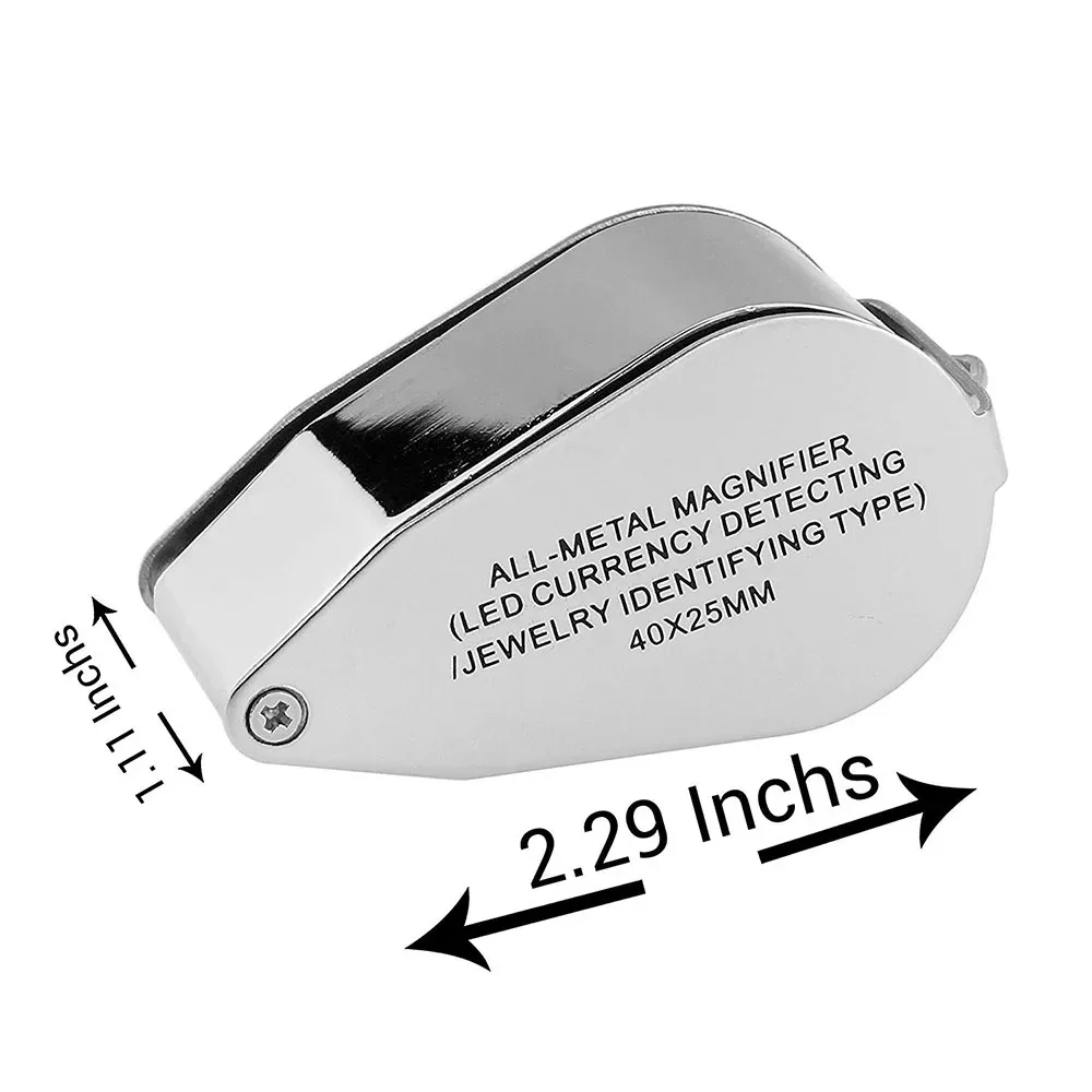 40X Illuminated LED UV Jewelry Loupe Magnifier with Metal Construction and Optical Glass