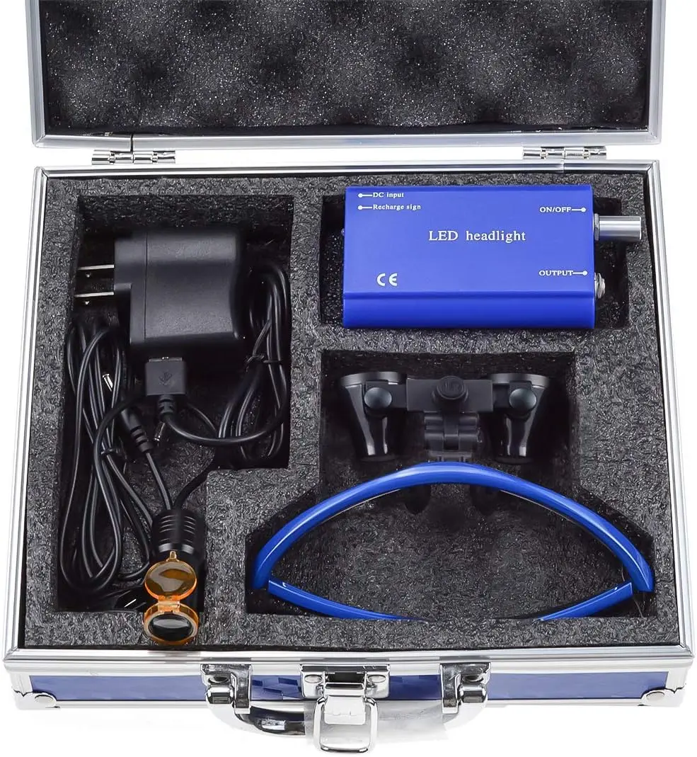 High Power 2.5X 3.5X Loupes Magnifier with 5W LED Headlight Plug in Clip Filter Light and Aluminum Protection Box