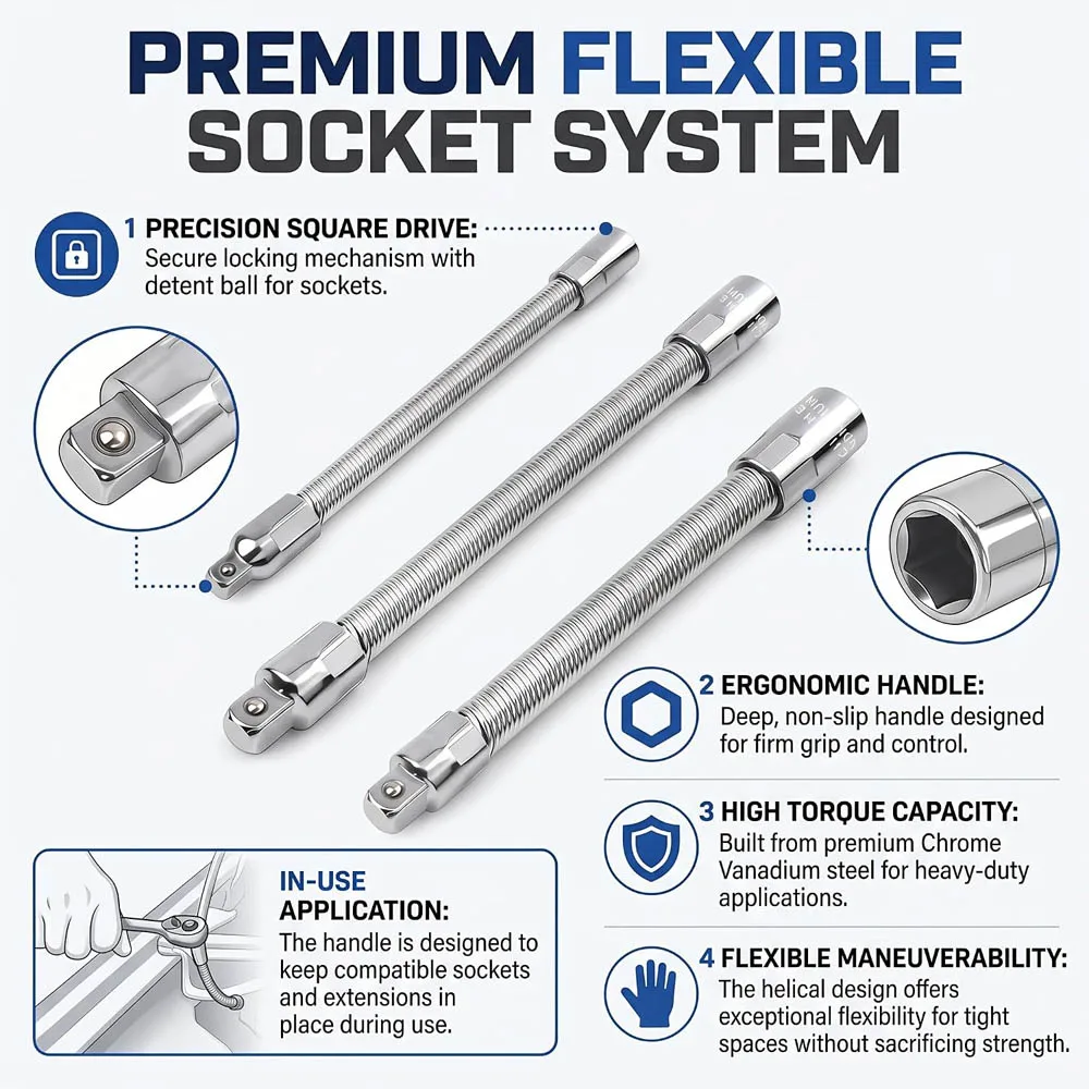 Electric Wrench Sleeve Universal Extension Rod Bendable Flexible Extension Bar Shaft Set 1/4 3/8 1/2 Socket Wrenches Drive Head