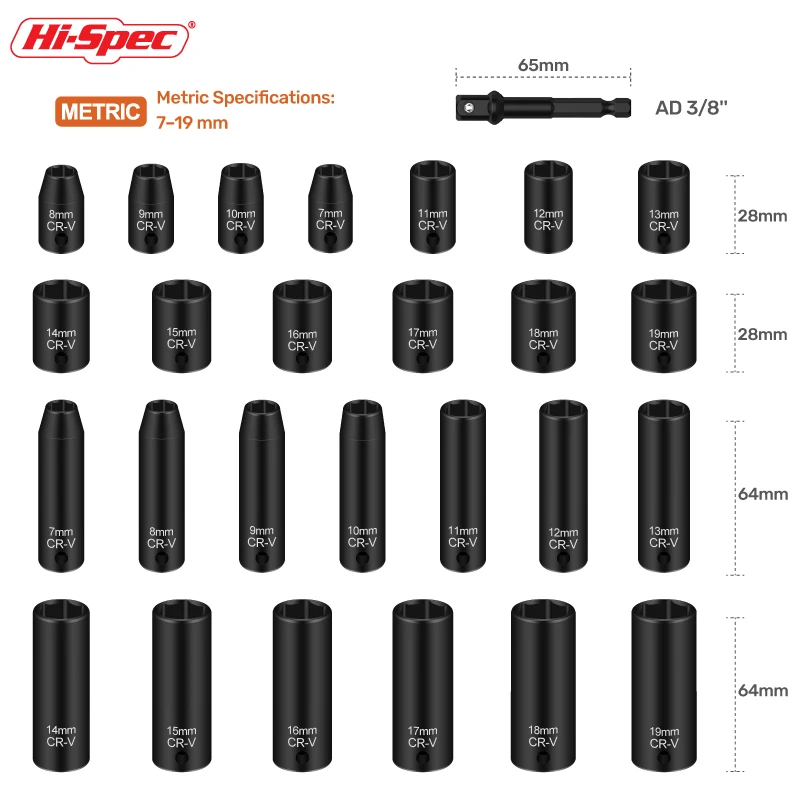 Hi-Spec 27PCS 3/8 Inch Hex Socket Set Impact Socket Set CR-V Steel Black Phosphated 8-22mm for Auto Repair Garage Hand Tools