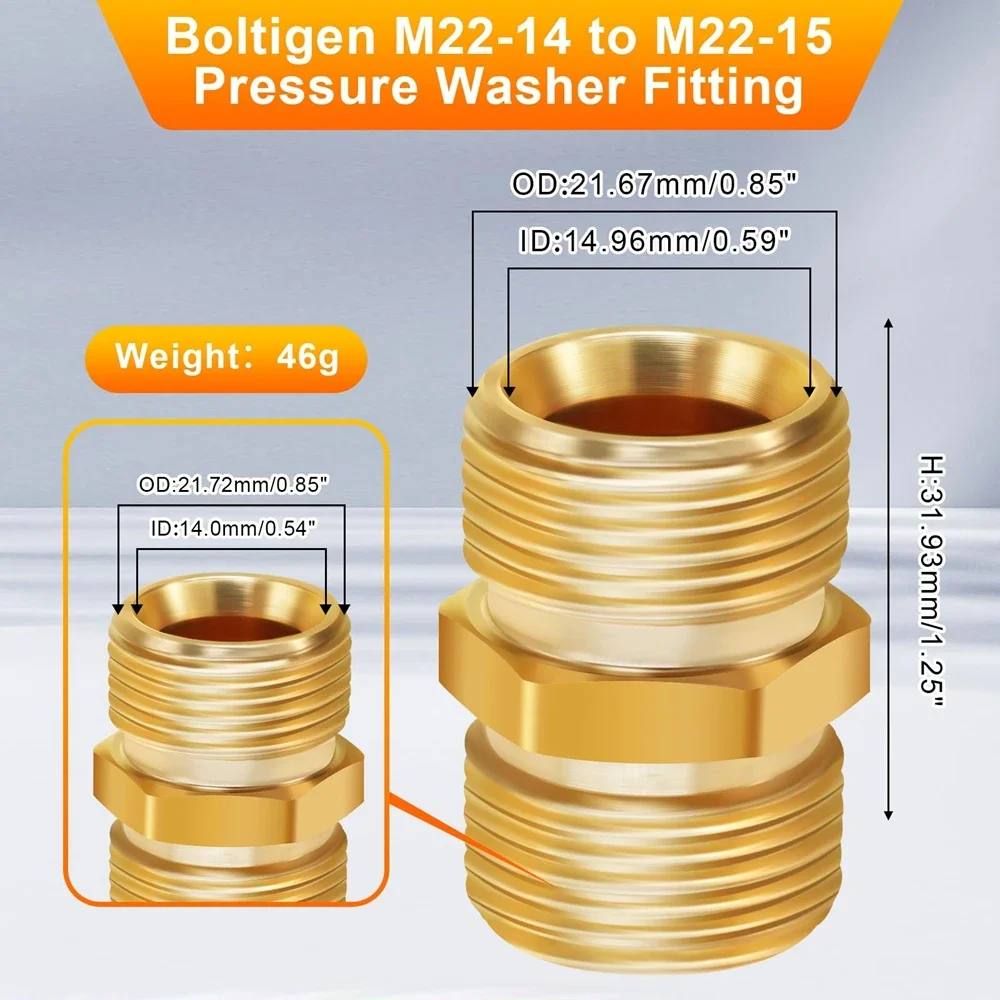 Brass M22 Hose Connector 15mm Female to 14mm Male, High Pressure Washer Extension Coupler Adapter for Power Washer Hose