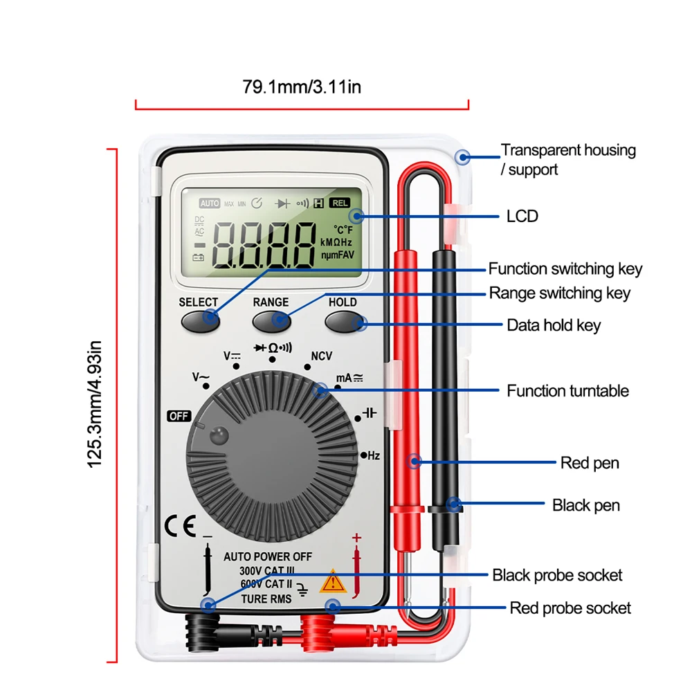 AN101 Mini Digital Multimeter 4000Count T-RMS AC/DC NCV Capacitance Ammeter Voltmeter Tester Multimetro Digital Profesional Test