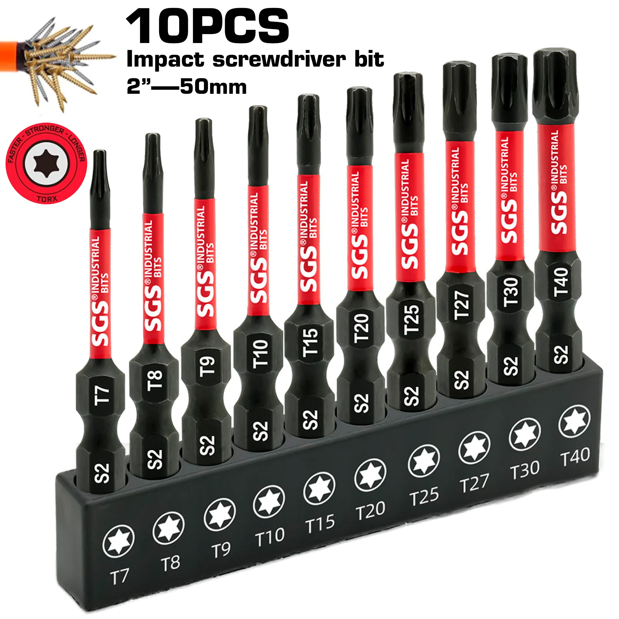 10-Piece Set of T7-T40 Torx Screwdriver Bits, S2 Steel, Magnetic, Non-Slip, 50mm Extended, Impact-Resistant, Specialized for Auto Repair and Home Appliance Maintenance