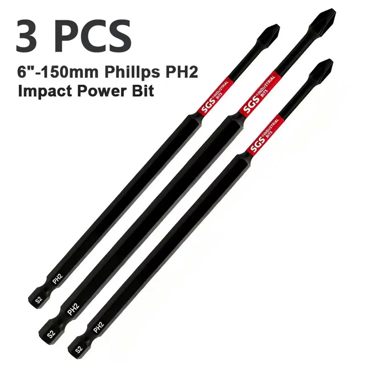 3/5/7 Piece Set 150mm Extended Ph2 Magnetic Phillips Bits S2 Steel Industrial-Grade Impact-Resistant Electric Screwdriver Replacement Bits