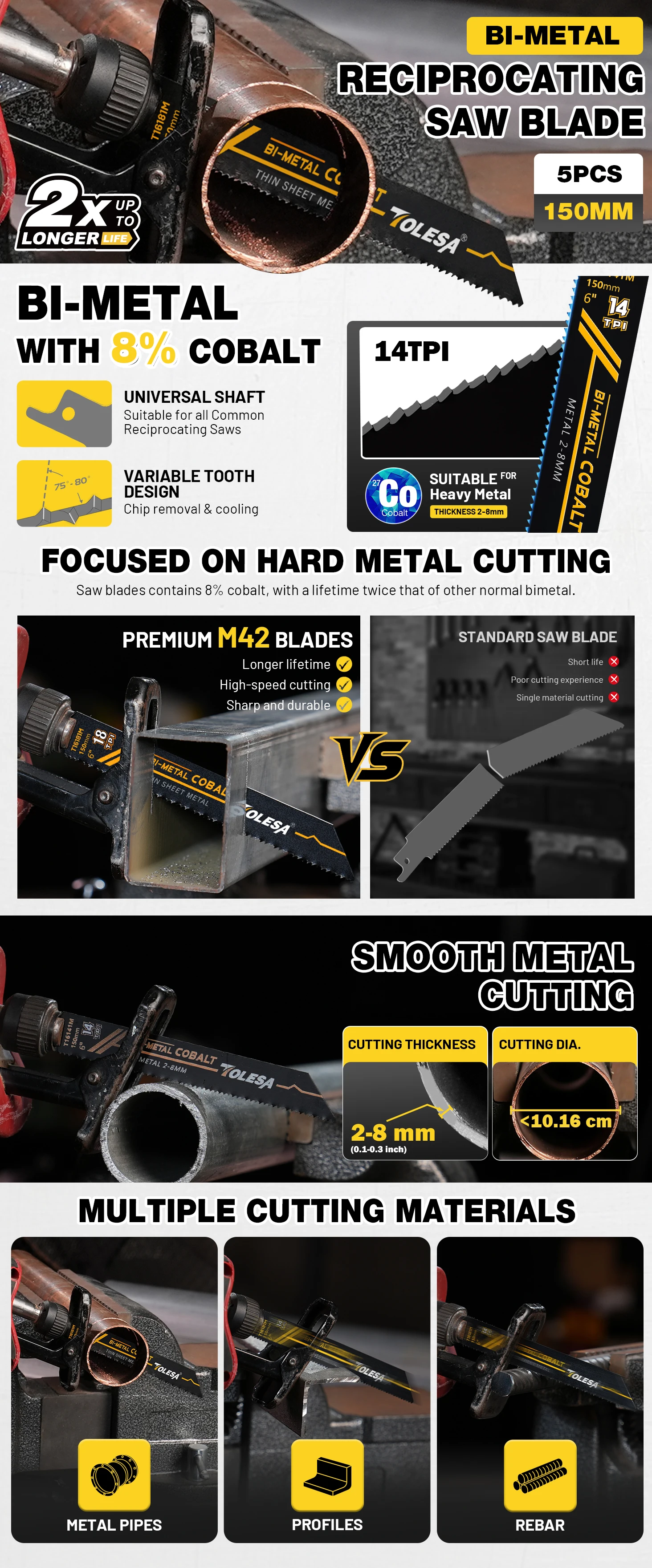 TOLESA Reciprocating Saw Blade 6Inch, Bi-Metal Saw Blades Sabre Saw Blades for Metal Cutting, Endurance for Pipe Rebar 5/10 Pack