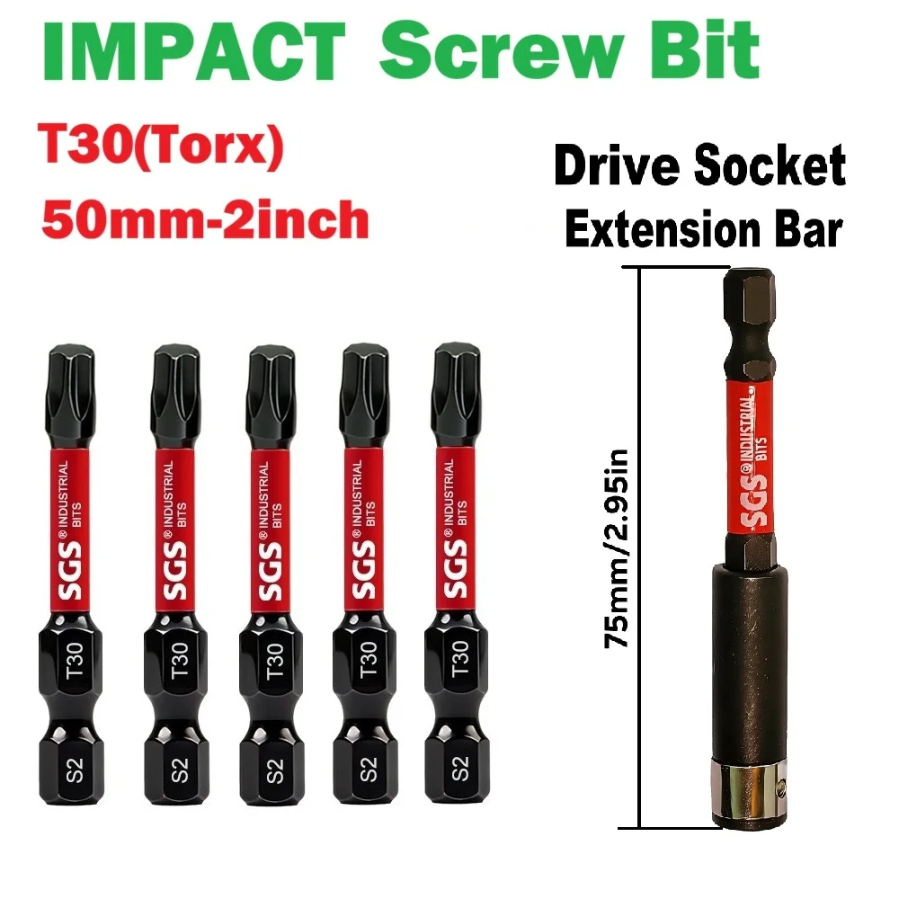 2inch (50mm) Strong Impact Magnetic Electric Screwdriver Bit Set, Torx Type Screwdriver Bits, S2 Alloy Steel, T30 Star Screwdriver Bit Set