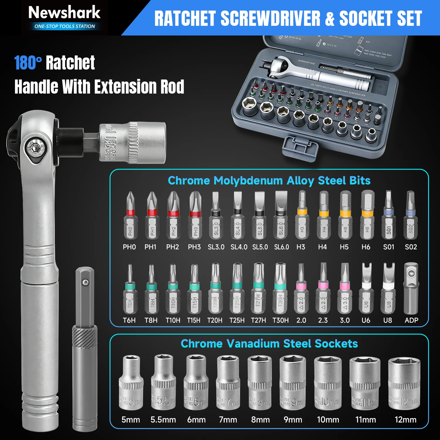 Ratchet Screwdriver Set Magnetic Socket Wrench Semi-Automatic Multi-Purpose Repair Tool with Detachable Handle,180° Ratchet Head