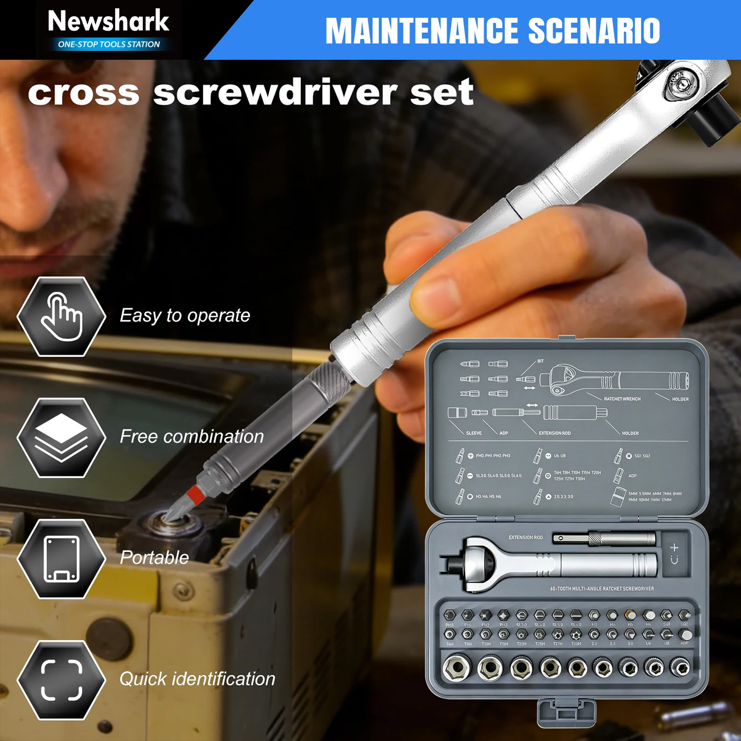 Ratchet Screwdriver Set Magnetic Socket Wrench Semi-Automatic Multi-Purpose Repair Tool with Detachable Handle,180° Ratchet Head