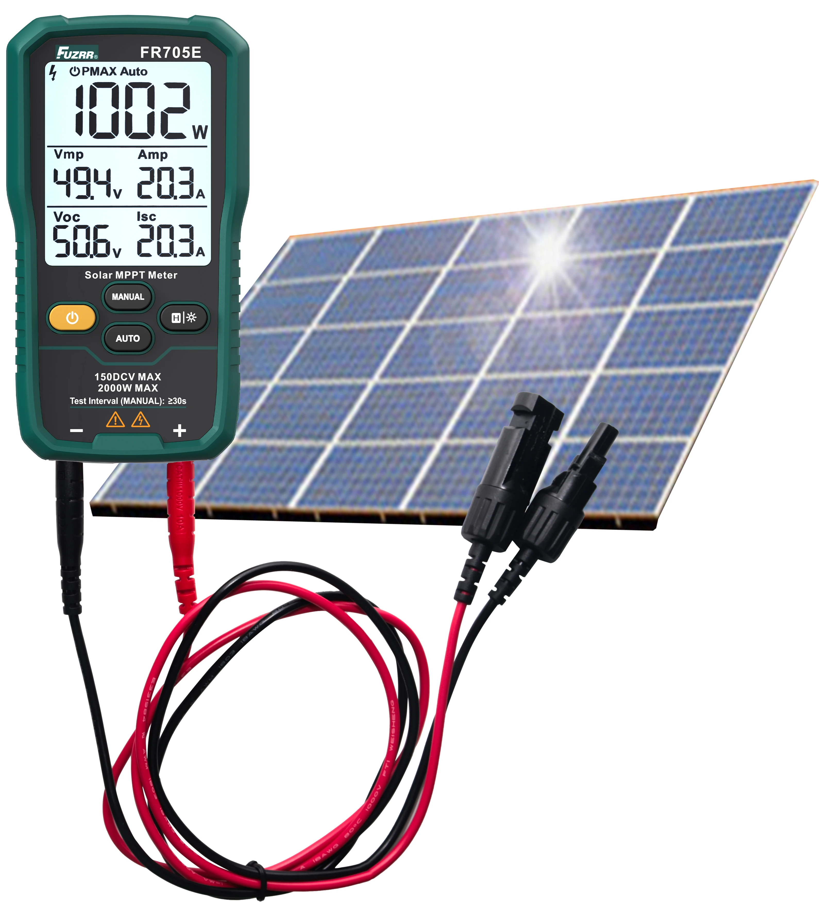 FR705E Solar MPPT Meter 2000W PV Module Maximum Power Analyzer 150V 45A Solar Panel Tester Voc Isc Vmp Imp Photovoltaic Tester