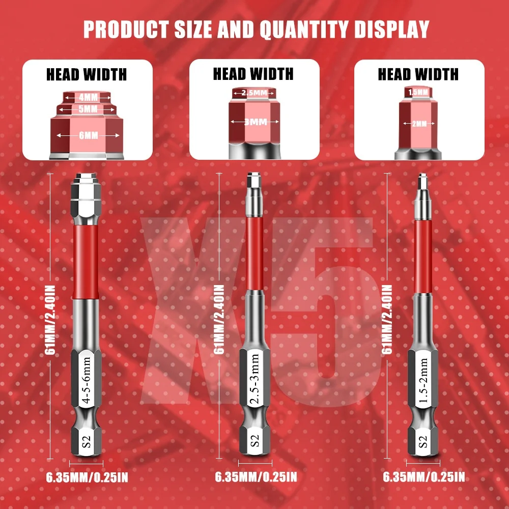All-in-One 1/4" Hex Shank Multi-size Hex Bit Set Allen Wrench Drill Bit Magnetic S2 Steel Screwdriver Bit Set for Electric Drill