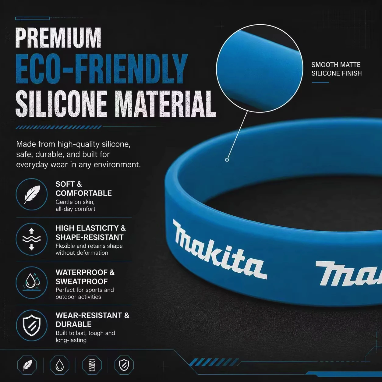 Makita Tool Decor Couple Basketball Sports Wristband Fitness Rubber Bracelet