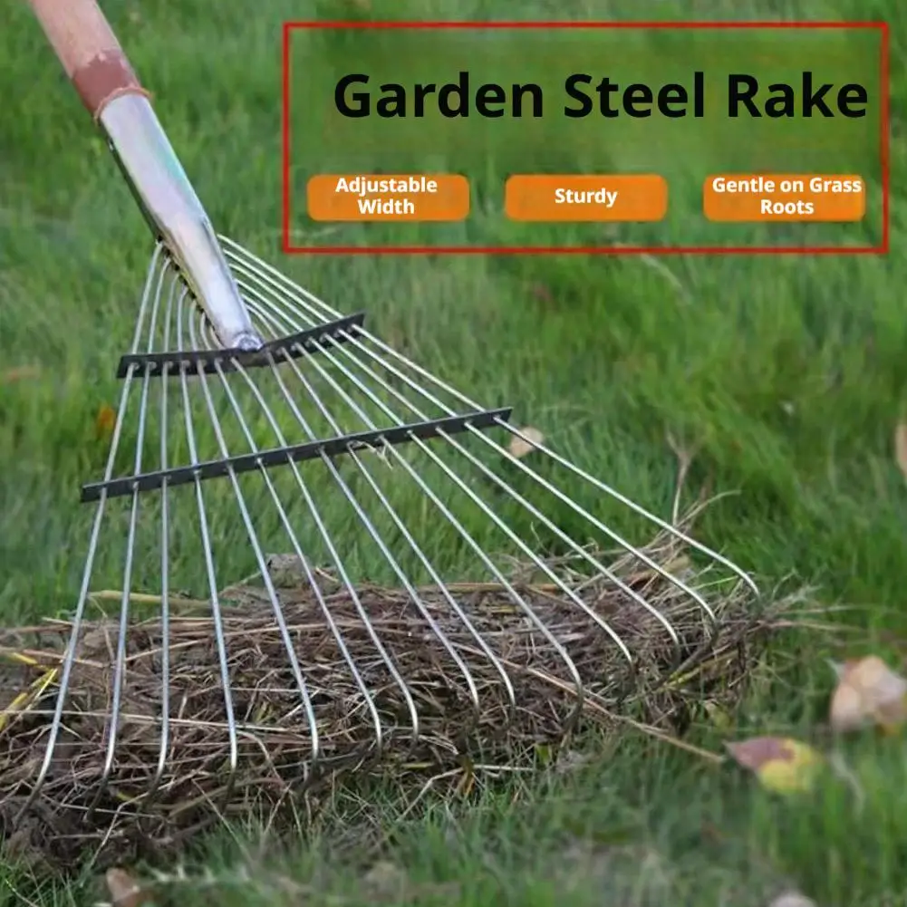 Adjustable Fan-Shape Lawn Rake Head 3.0mm Thickened Steel Tines for Leaf  Debris Collection