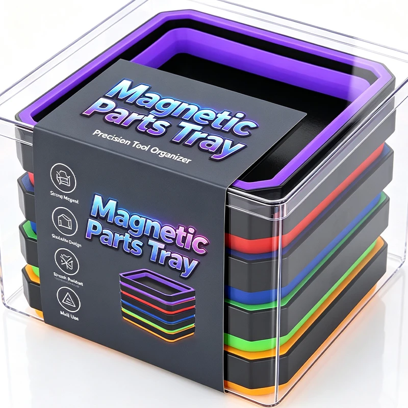 4.5Inch Magnetic Parts Tray Square Silicone Foldable Collapsible Suction Bowls Storage Holder for Bolts Nuts Washers Pins Screw