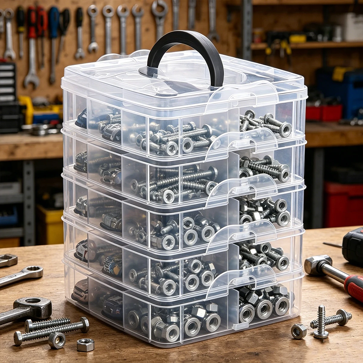 1pc Stackable Plastic Hardware Storage Box, Multi-Layer Screw Bolt Parts Sorting Box Portable Handheld Desktop Parts Storage Box
