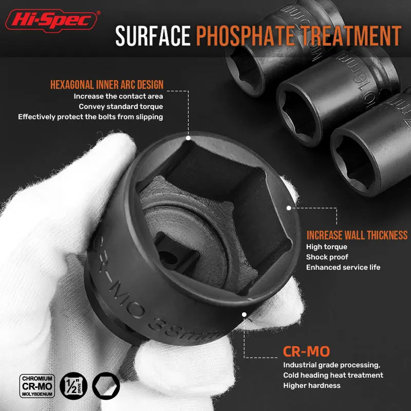 Heavy Duty 1/2' Drive Hexagon Impact Socket Shallow Metric Sockets for Impact Driver High Torque CR-MO Tools for Auto Repair