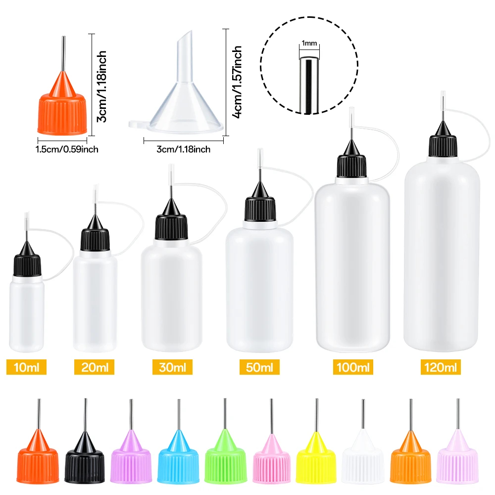 5pcs 10ml-120ml Precision Tip Applicator Bottles NeedleTip Squeeze Glue Bottles with 2 Mini Funnels for DIY Paint Paper Quilling