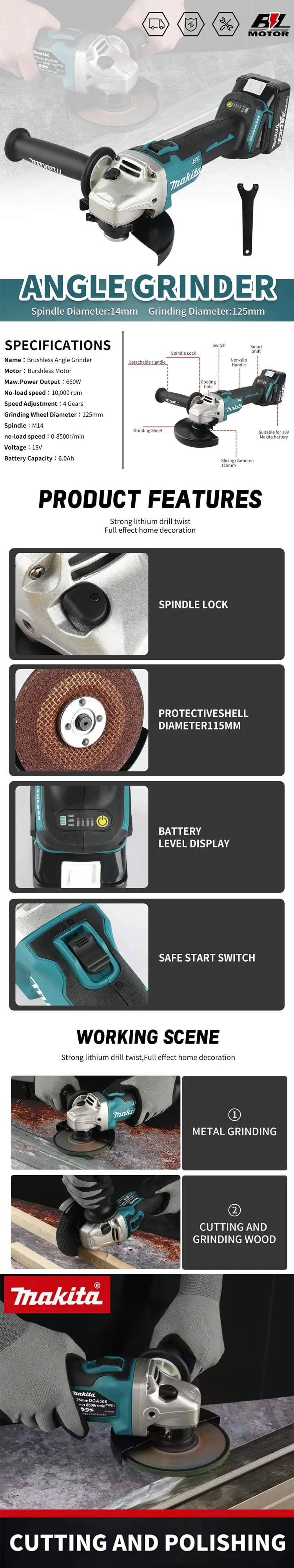 Makita DGA506 18V 125mm Brushless Angle Grinder Electric Polishing Machine Metal Grinding And Cutting Tool