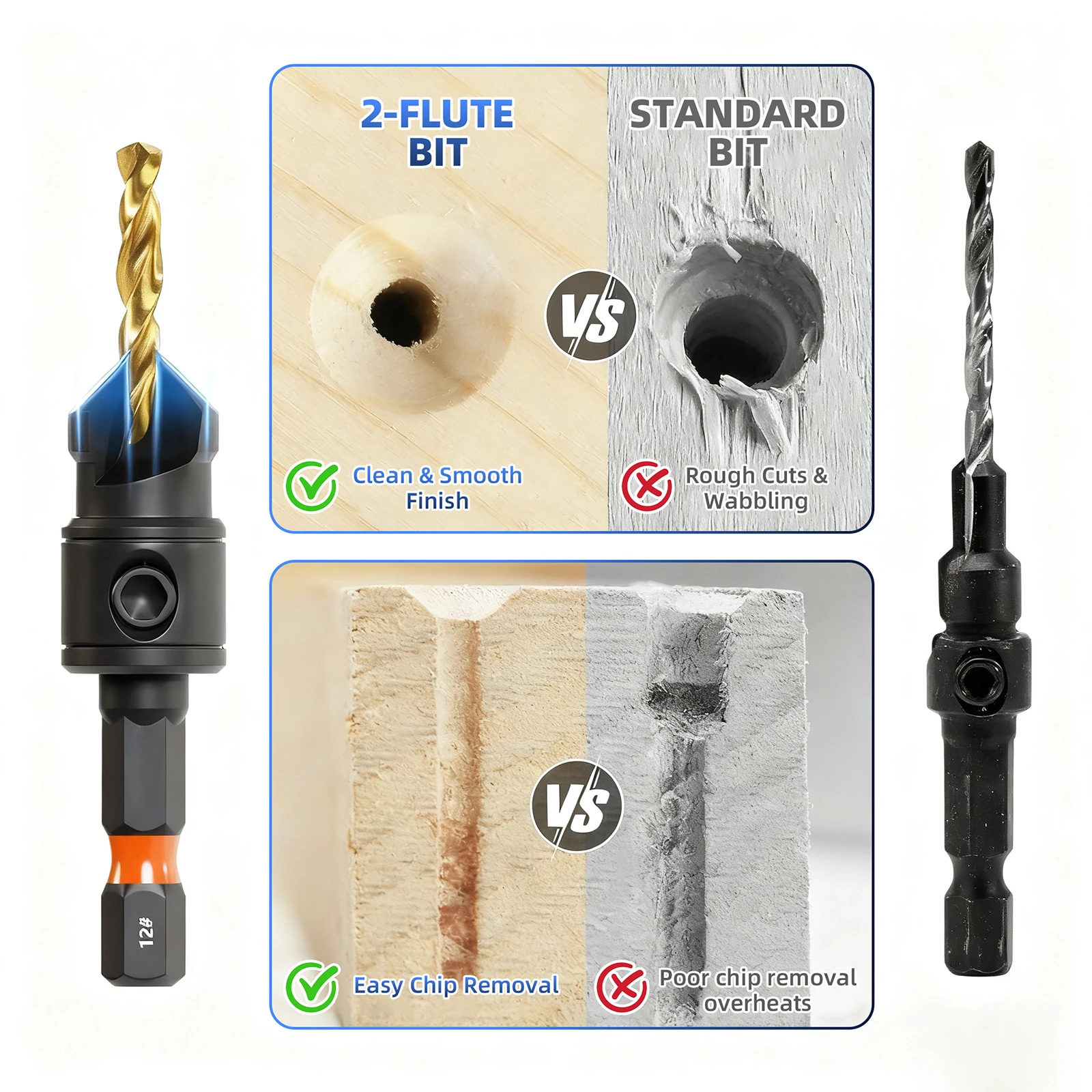 11pcs Countersink Drill Bit Set with L-Wrench - Includes #4, #6, #8, #10, #12 Sizes, Coated, for Woodworking