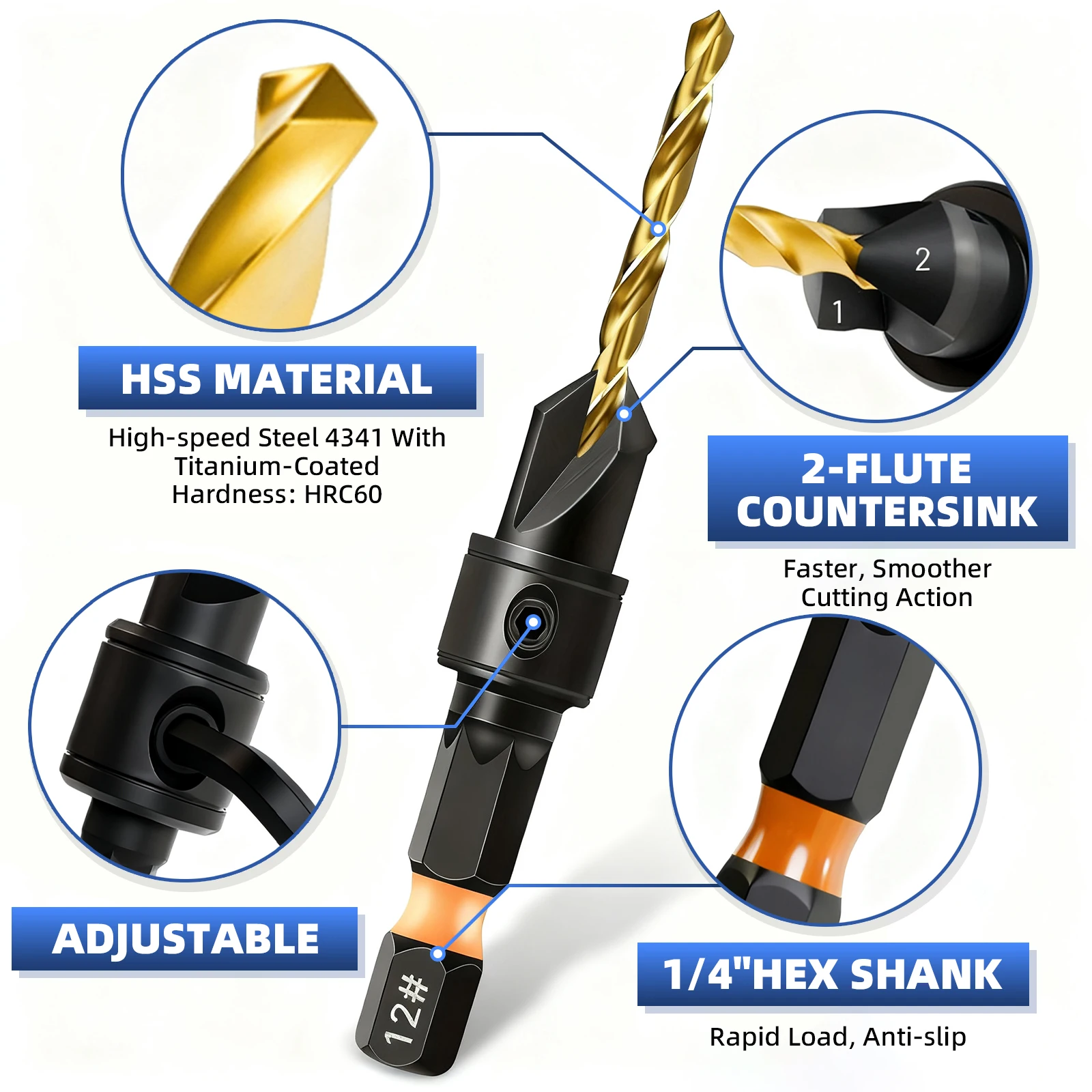 11pcs Countersink Drill Bit Set with L-Wrench - Includes #4, #6, #8, #10, #12 Sizes, Coated, for Woodworking