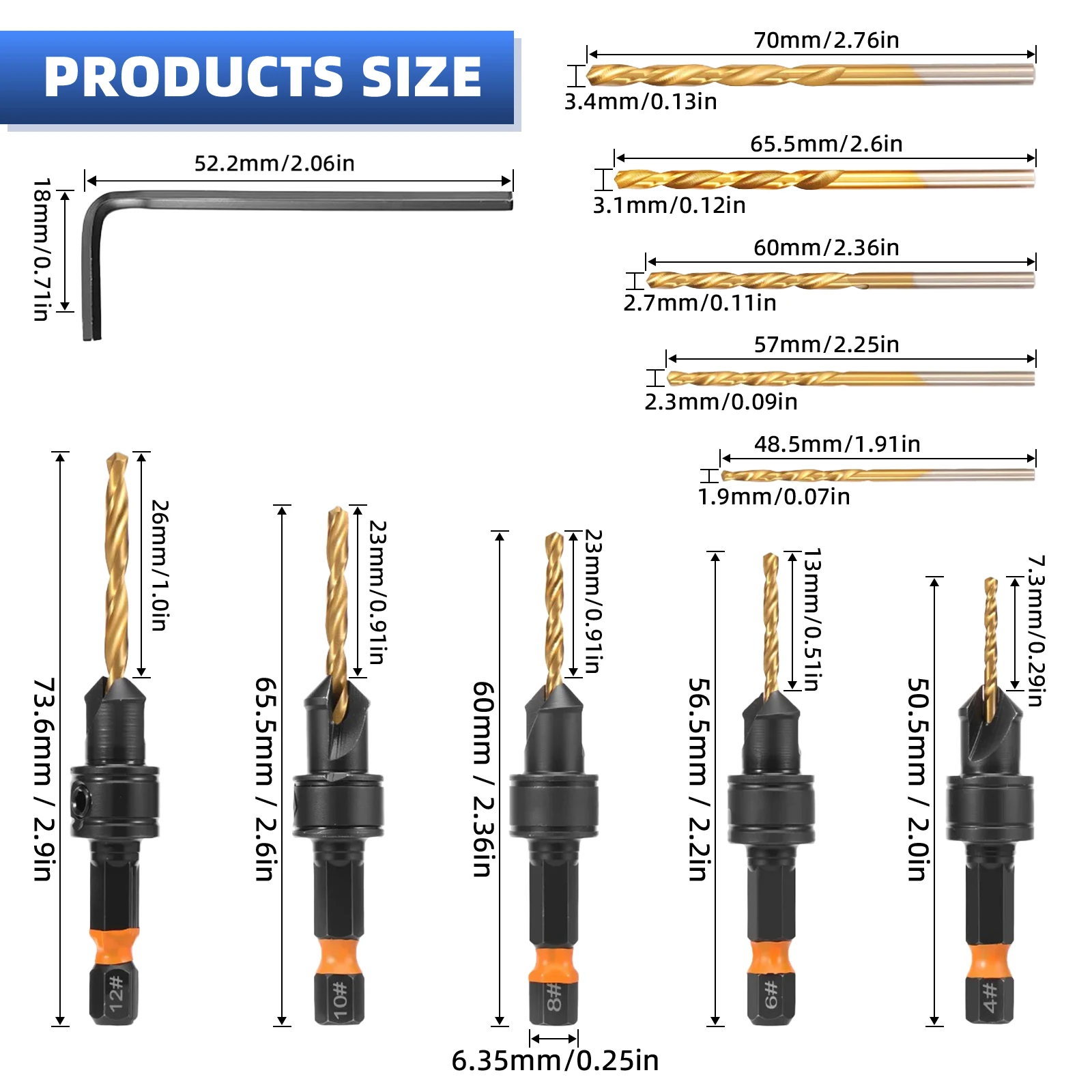11pcs Countersink Drill Bit Set with L-Wrench - Includes #4, #6, #8, #10, #12 Sizes, Coated, for Woodworking