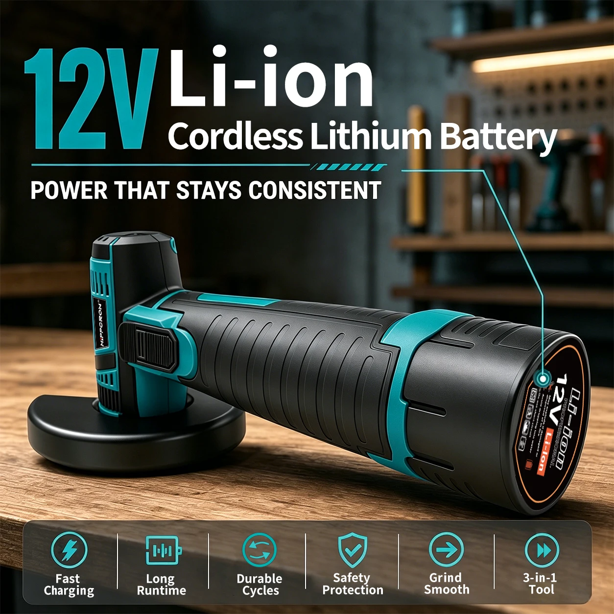 Hippcron 12V Electric Portable Angle Grinder Cordless Polishing Mini Cutting Blade Grinder Machine Lithium Battery Universal