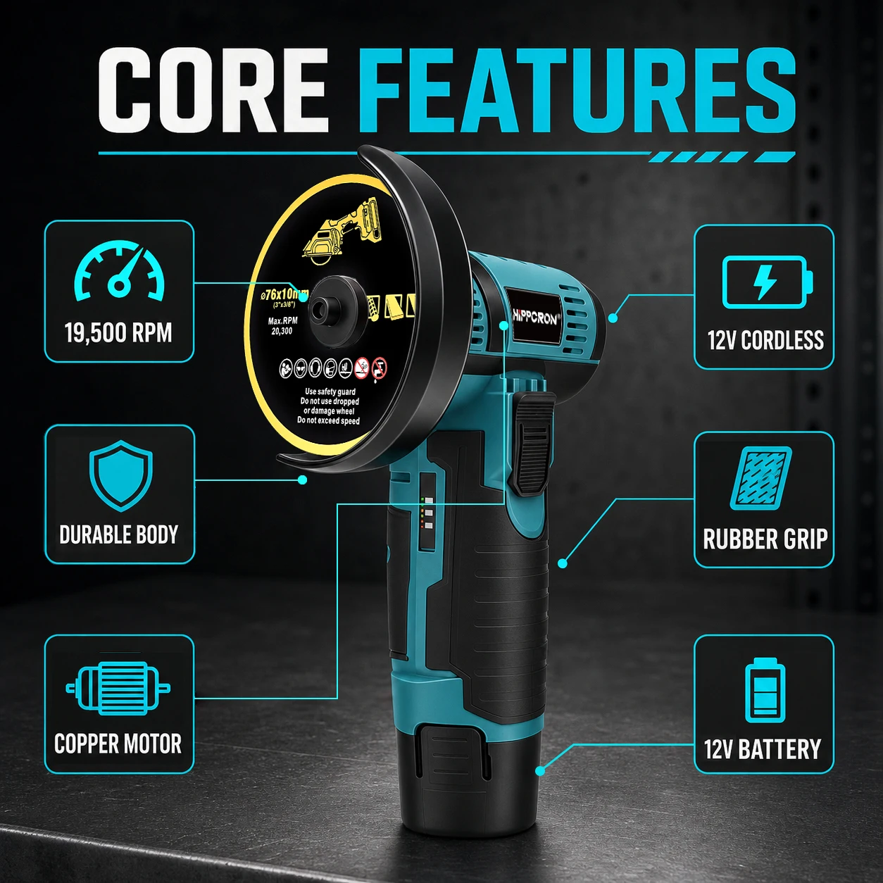 Hippcron 12V Electric Portable Angle Grinder Cordless Polishing Mini Cutting Blade Grinder Machine Lithium Battery Universal